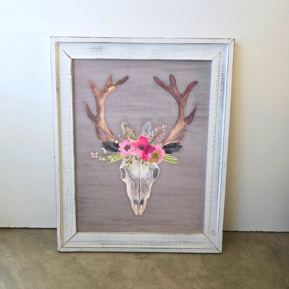 Home decor wall art Shabby Chic Bull skull with flowers distressed 20" x 16"